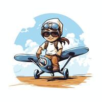 element illustration of a cartoon pilot with a propeller plane on the beach vector