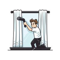 Man looking through the window and holding a camera illustration vector