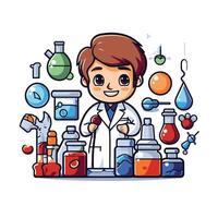 Cute boy scientist in laboratory element illustration in cartoon style vector