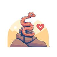 Cute cartoon snake on the rock element illustration in flat style vector