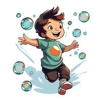 Cute little boy playing with soap bubbles element cartoon illustration vector