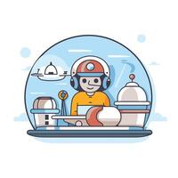 illustration of boy in astronaut helmet working on laptop Flat style design for web and print vector