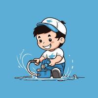 Boy playing with a water pump illustration on blue background vector
