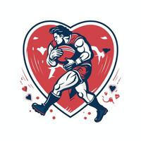 Illustration of a rugby player running with ball viewed from front set inside heart shape done in retro style vector