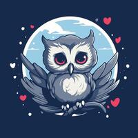 Owl with wings and hearts element illustration in cartoon style vector