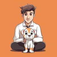Man with dog element illustration in cartoon style on orange background vector