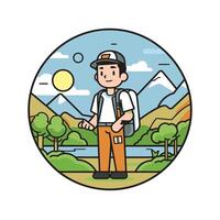 Tourist man with backpack in the mountains element illustration in flat style vector