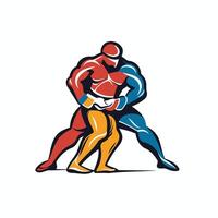 Illustration of two wrestlers wrestling viewed from side on isolated background done in retro style vector