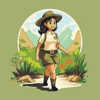 Illustration of a girl wearing safari outfit in the forest vector