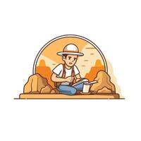 Fisherman in hat and overalls sitting on the ground element illustration vector