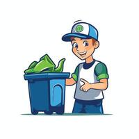 Cartoon man in uniform throwing garbage into trash can element illustration vector