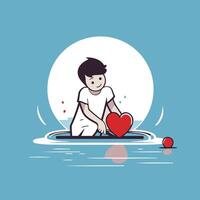 Cute little boy playing with heart in the water element illustration vector