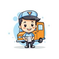 Cute Delivery Boy and Truck Cartoon Character Design element Illustration vector