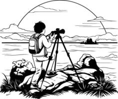 Photographer with camera on tripod on the beach illustration vector