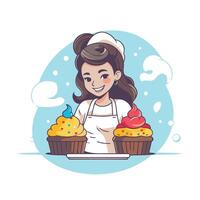Cute girl chef with cupcakes element illustration in cartoon style vector