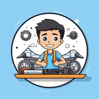 Cartoon man with motorcycle element illustration in flat design style vector