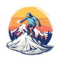 Snowboarder on top of the mountain at sunset element illustration vector