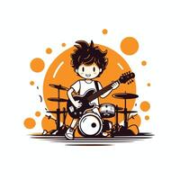 Kid playing guitar and drum set Rock concert illustration vector
