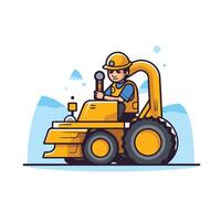 Cartoon construction worker with excavator illustration in flat style vector