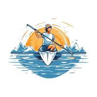 Man rowing a boat on the lake element illustration in retro style vector