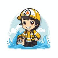 Cute cartoon firefighter with dog in the water element illustration vector