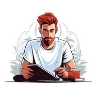 element illustration of a man sitting at the table and reading a book vector