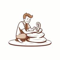 element illustration of a man sitting on a rock and playing with stones vector