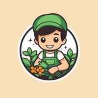 element illustration of smiling gardener in cap and apron with flowers vector