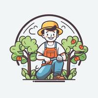 element illustration of happy farmer in hat and apron working in the garden vector