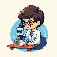 Scientist boy looking through microscope element illustration in cartoon style vector