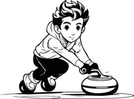 Boy playing with a kettlebell Black and white illustration vector