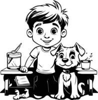 Boy and dog sitting at the table black and white element illustration vector