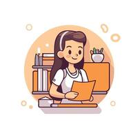 illustration of a girl studying at home with a laptop Flat style vector