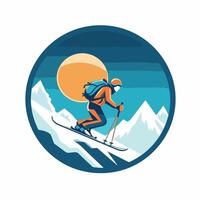 illustration of snowboarder riding on snowy mountain slope viewed from side set inside circle on isolated background done in retro style vector