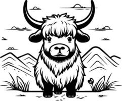 Black and white illustration of a yak standing in the grass vector
