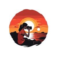 Photographer at sunset illustration of a woman with a camera vector