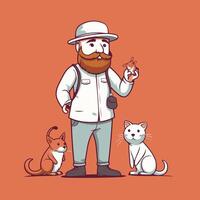 Man with a beard and mustache in a hat holds a cat illustration vector