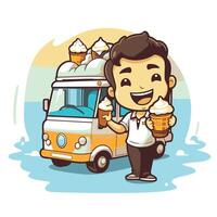 Man with ice cream truck and ice cream cone illustration vector