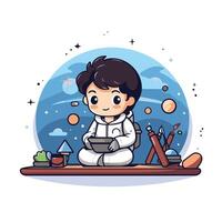 Cute little boy sitting at table and using tablet illustration vector