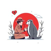 illustration of a man in a hat with a dog Flat style vector