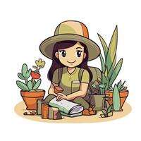 Girl gardener in a hat with a book in her hands vector