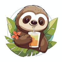 Cute cartoon sloth with a glass of juice illustration vector