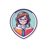 element illustration of a girl reading a book in the shape of a shield vector