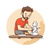 Man playing with a snowman illustration in cartoon style vector