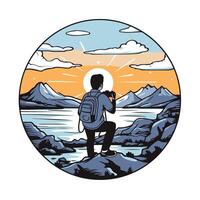 Illustration of a hiker with a backpack standing on a rock looking to the side set inside circle on isolated background done in retro style vector