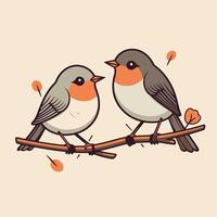 Two robins sitting on a branch illustration in cartoon style vector