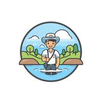 Fisherman with rod in the river illustration in flat style vector