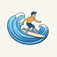 Surfer on a blue wave illustration in cartoon style vector