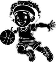 Little boy playing basketball black and white illustration isolated on white background vector