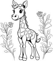 cute giraffe with flowers and leafs element illustration graphic design vector